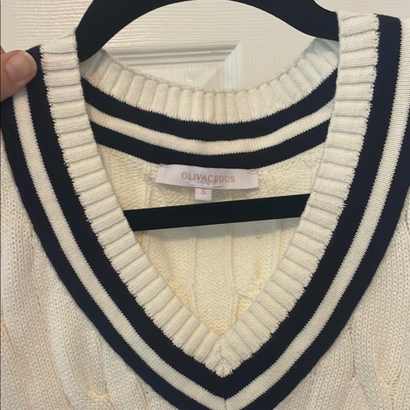 White Cable Knit Sweater Vest with Navy Stripes, EUC - Picture 3 of 4